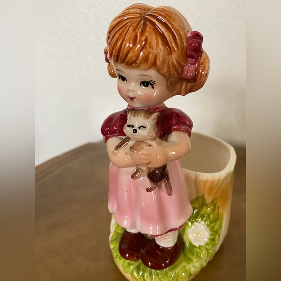 Vintage Adorable LEFTON Planter Vase Girl Holding Cat Ceramic RARE - Picture 6 of 11